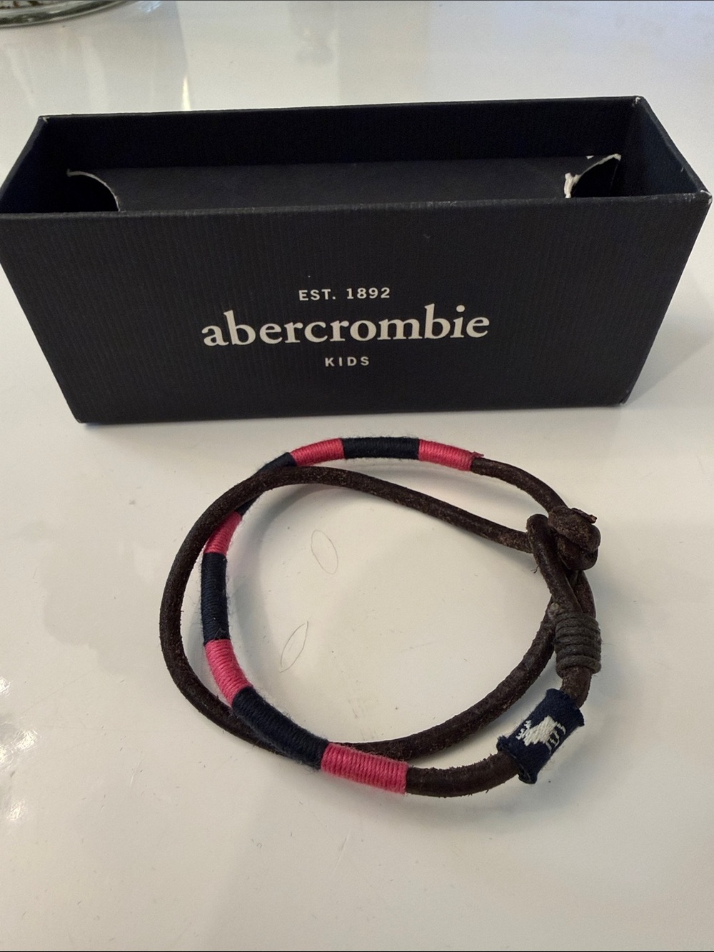 Abercrombie & Fitch Brown Leather Bracelet with Pink and Navy Thread